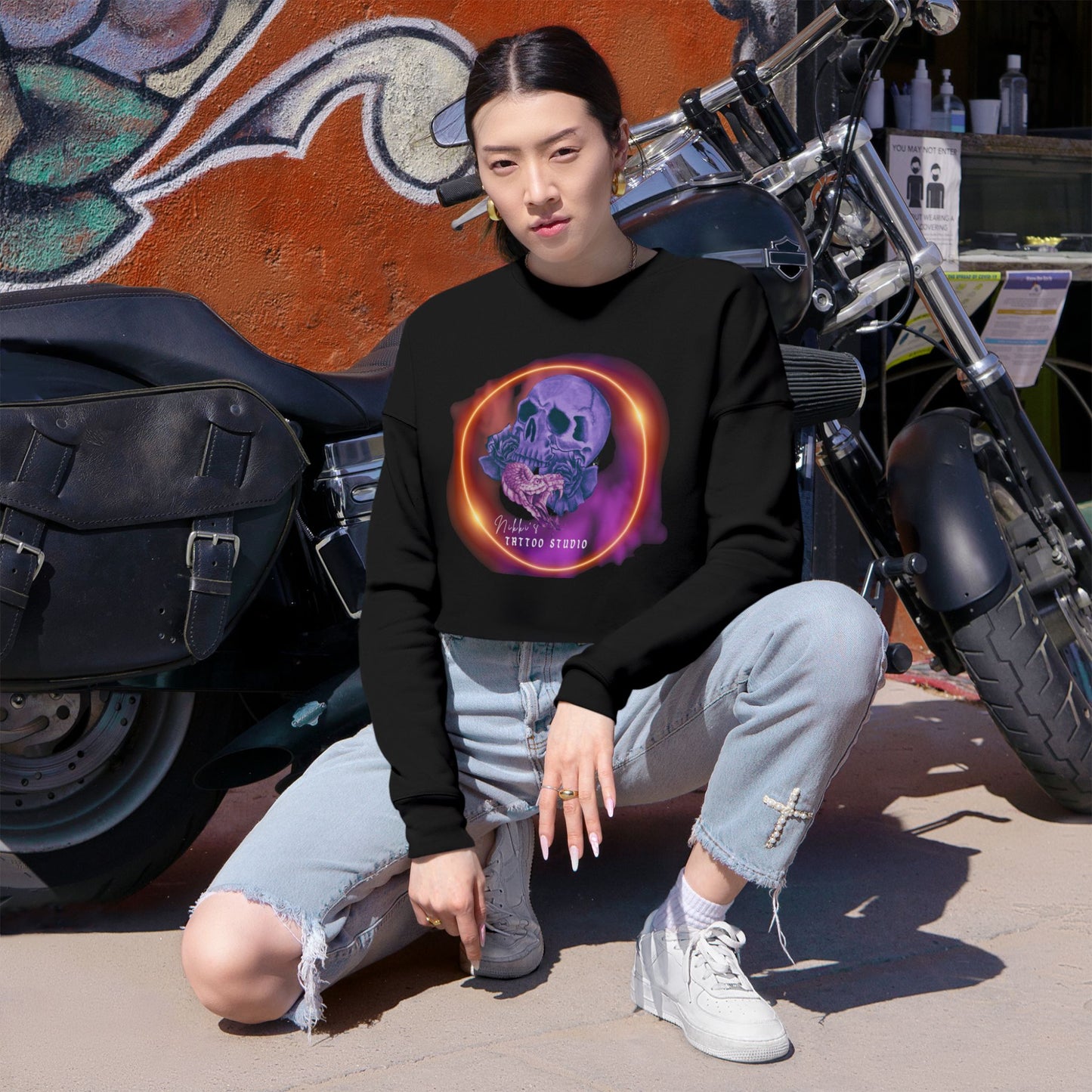 Women's Sweatshirt Cropped - Nikki's Tattoo Studio Snake and Skull