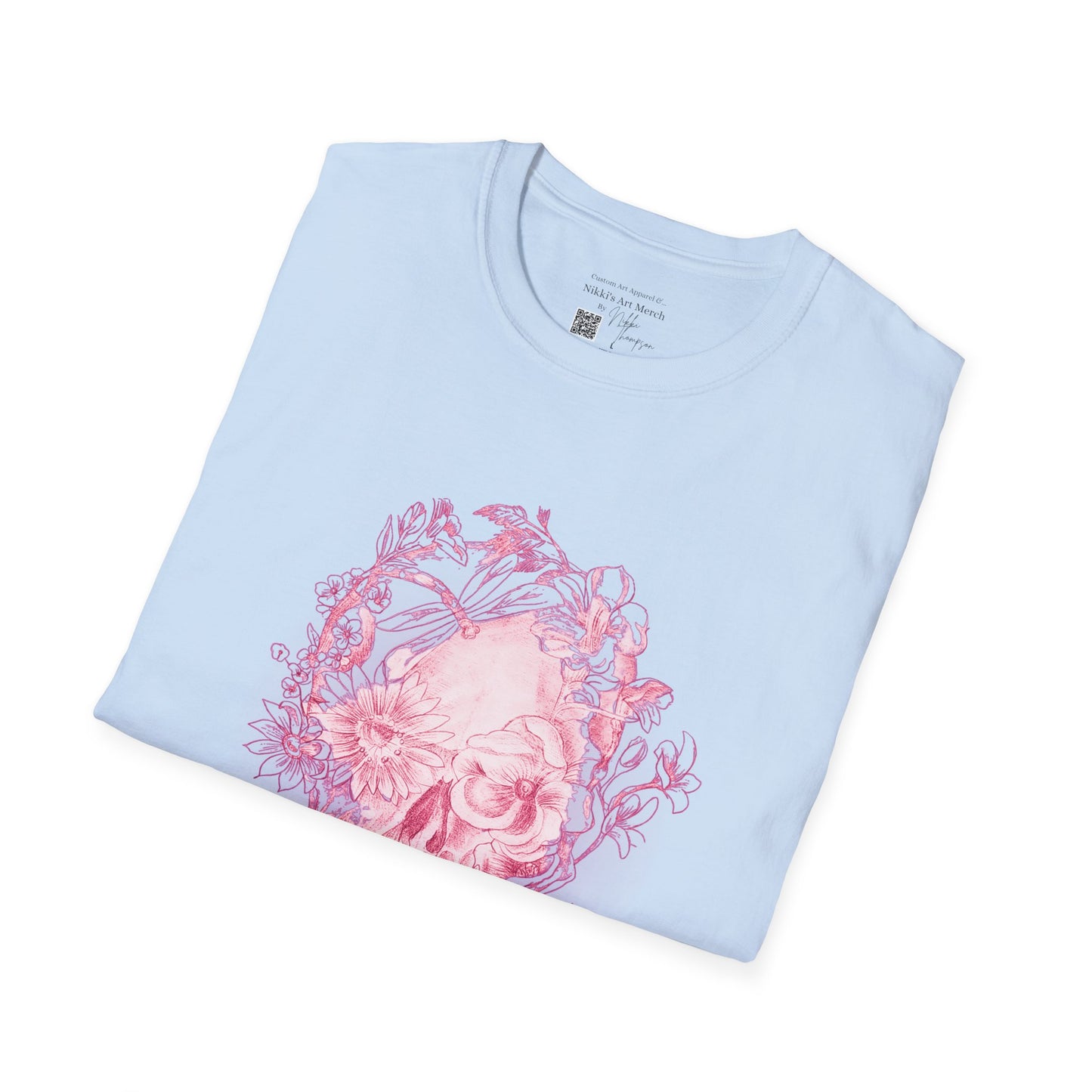Pink Floral Skull by Nikki - Unisex Softstyle T-Shirt