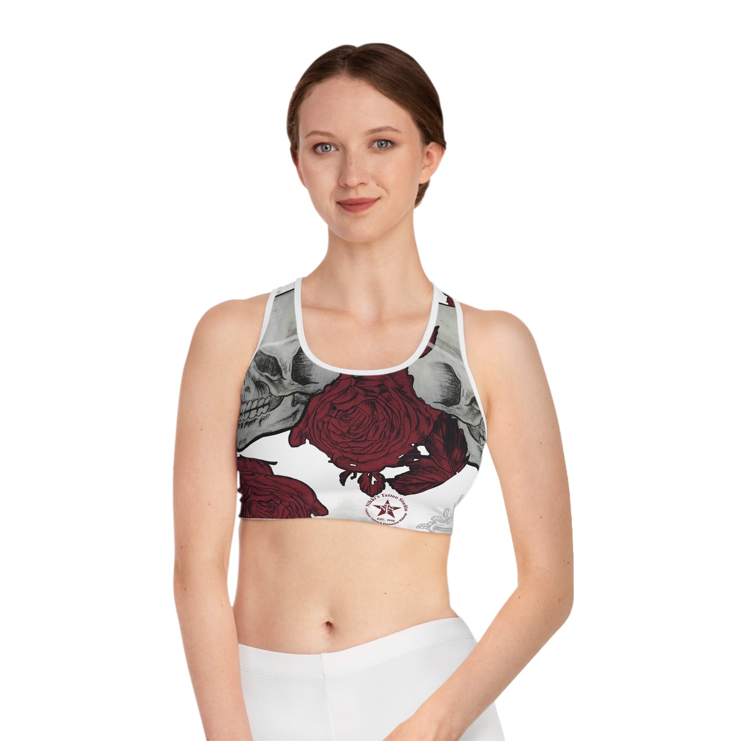 Skulls and Roses Compression Sports Bra, Customizable All-Over-Print, Double-Layer Front, USA-Made. Alternative: Workout Bra, Activewear,