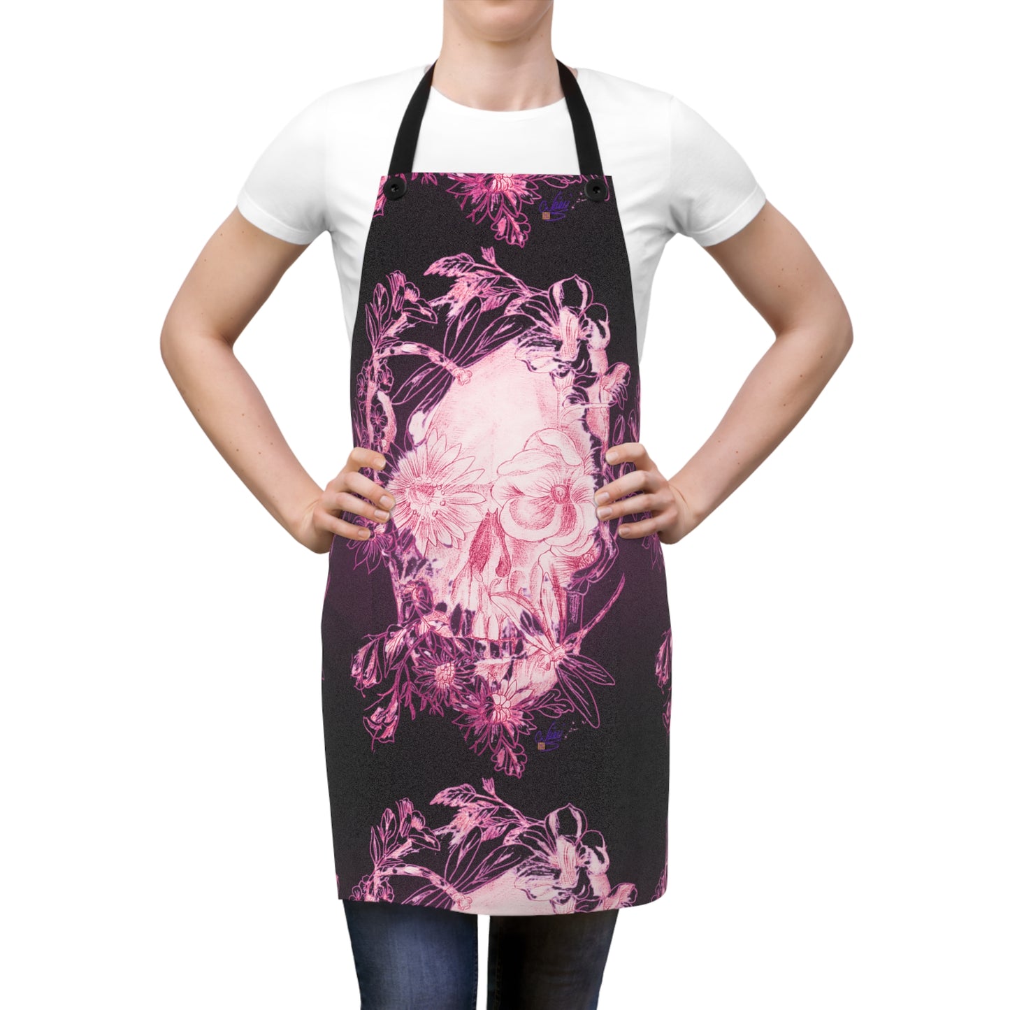 Pink Floral Skull Tattoo by Nikki - Apron