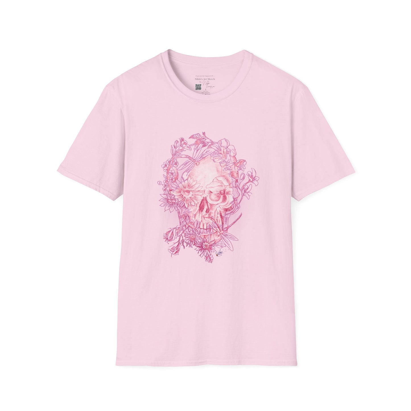 Pink Floral Skull by Nikki - Unisex Softstyle T-Shirt