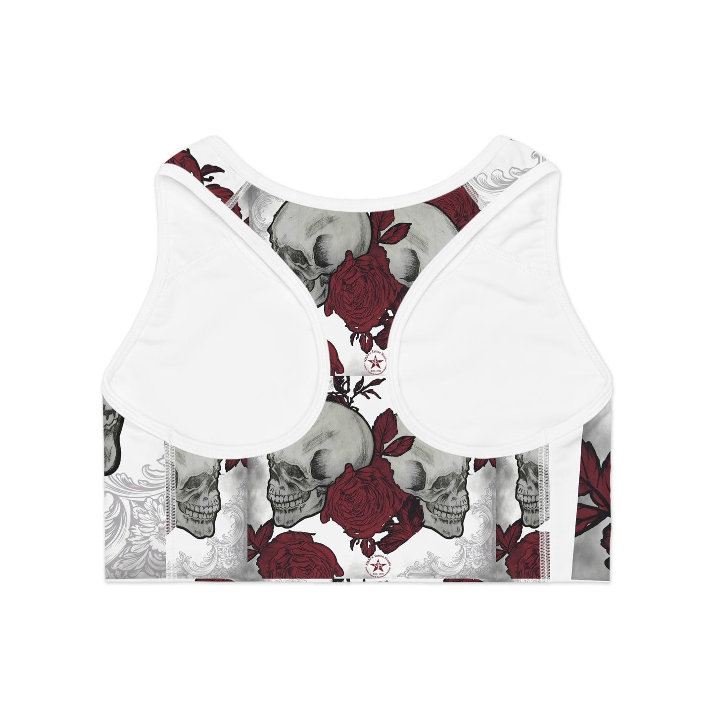 Skulls and Roses Compression Sports Bra, Customizable All-Over-Print, Double-Layer Front, USA-Made. Alternative: Workout Bra, Activewear,