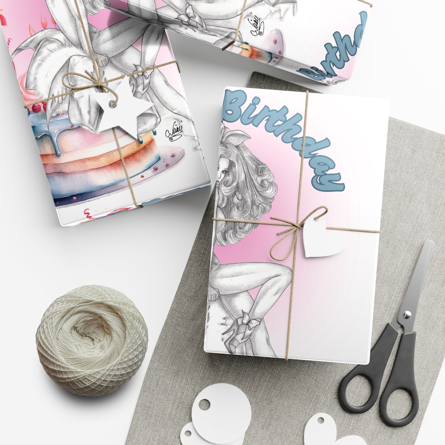 Nikki's Tattoo Studio BIRTHDAY Pretty Bunny Pin  Up Gift Wrapping Paper