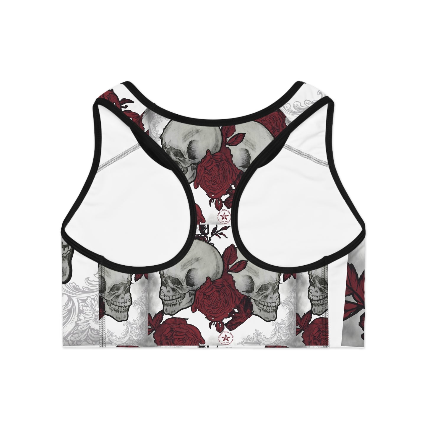 Skulls and Roses Compression Sports Bra, Customizable All-Over-Print, Double-Layer Front, USA-Made. Alternative: Workout Bra, Activewear,