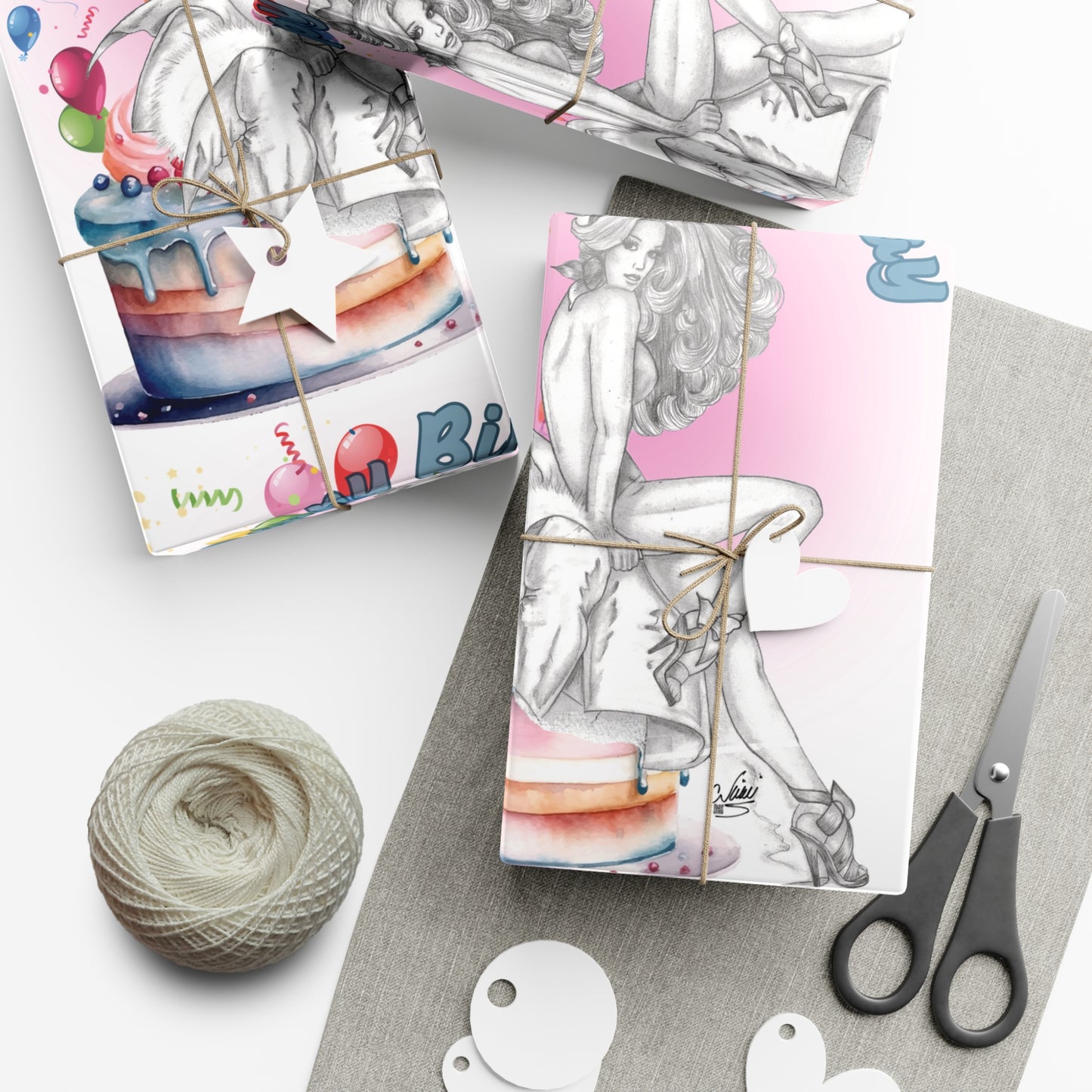 Nikki's Tattoo Studio BIRTHDAY Pretty Bunny Pin  Up Gift Wrapping Paper