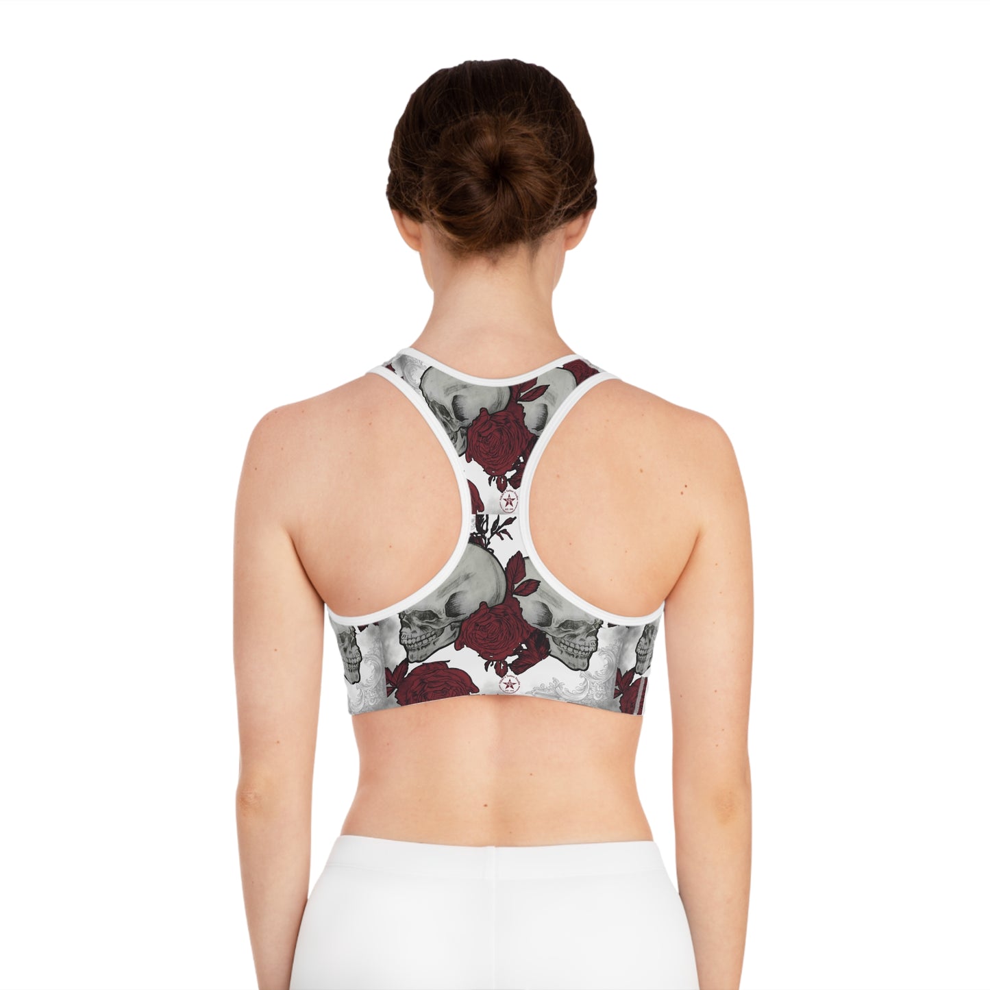 Skulls and Roses Compression Sports Bra, Customizable All-Over-Print, Double-Layer Front, USA-Made. Alternative: Workout Bra, Activewear,
