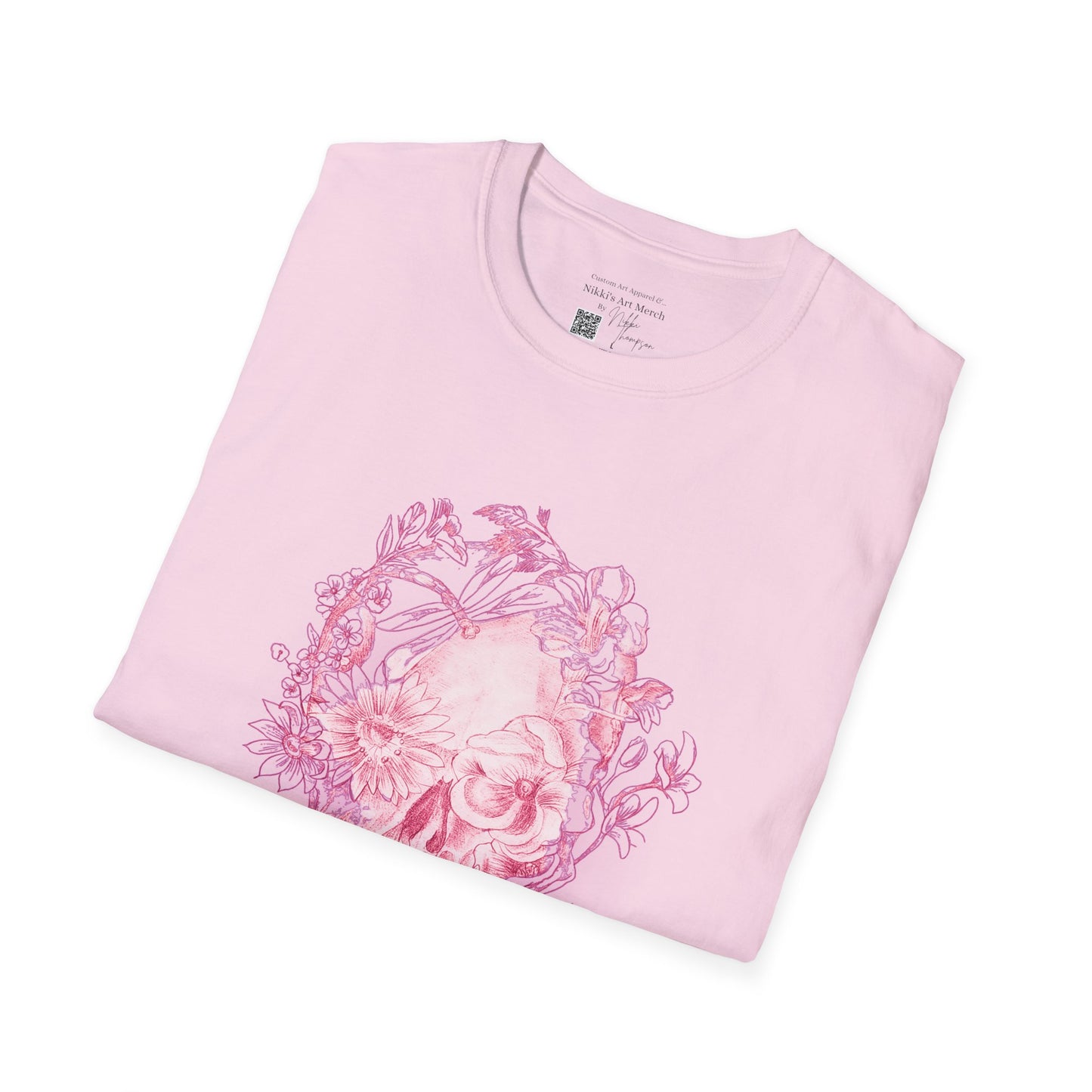Pink Floral Skull by Nikki - Unisex Softstyle T-Shirt