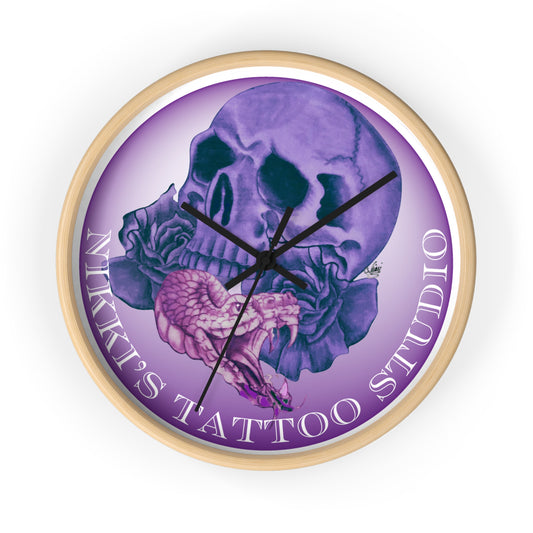 Wall Clock - Nikki's Tattoo Studio Snake and Skull