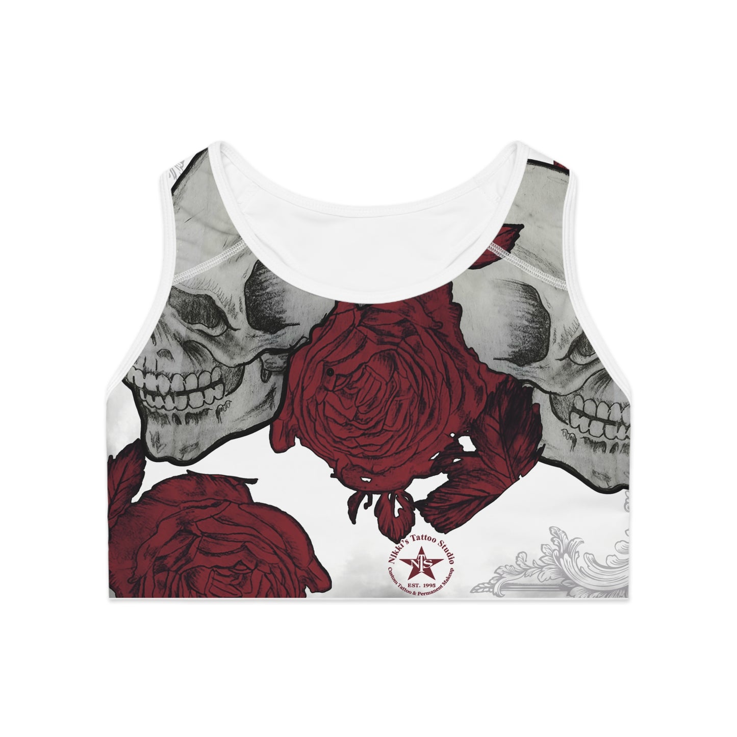 Skulls and Roses Compression Sports Bra, Customizable All-Over-Print, Double-Layer Front, USA-Made. Alternative: Workout Bra, Activewear,