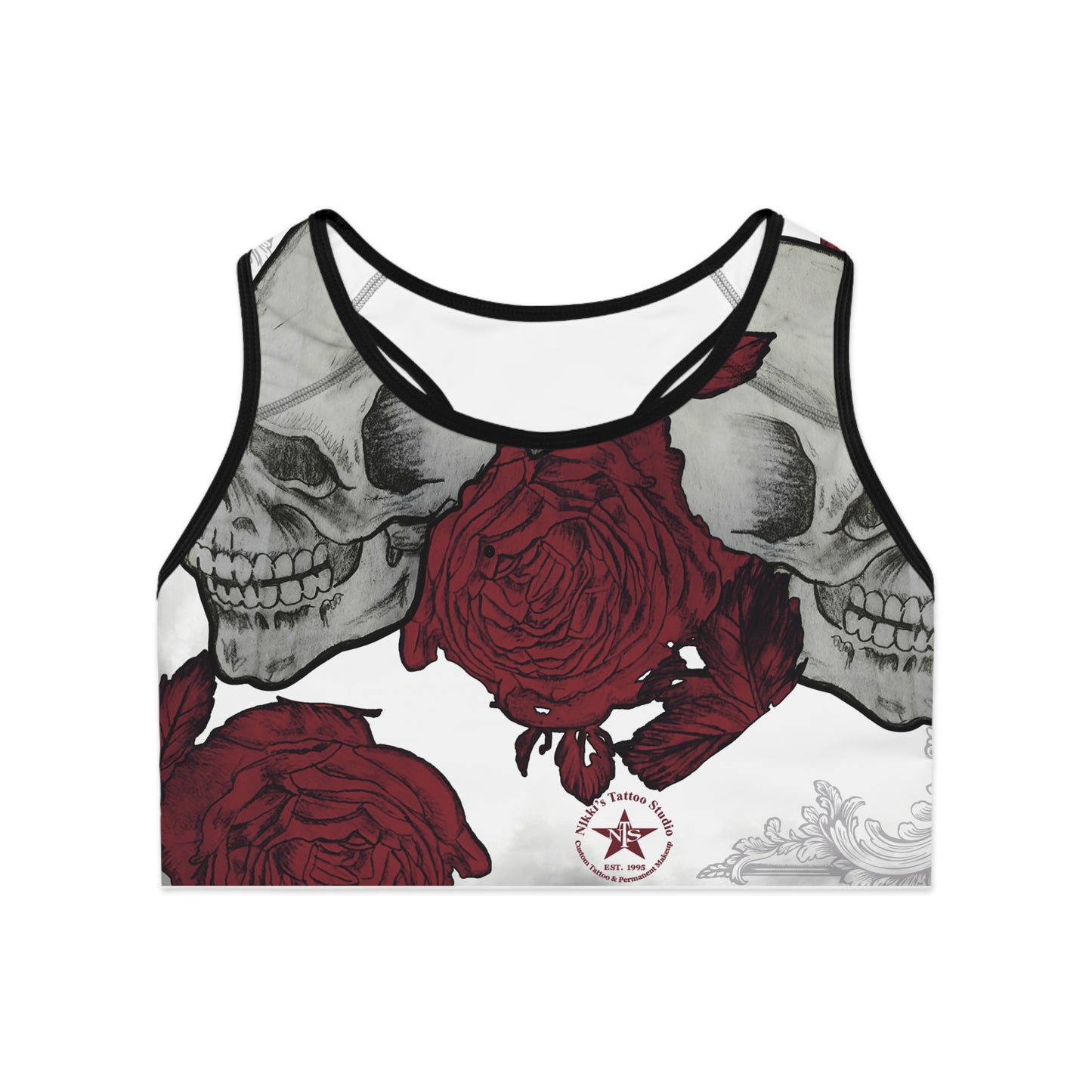 Skulls and Roses Compression Sports Bra, Customizable All-Over-Print, Double-Layer Front, USA-Made. Alternative: Workout Bra, Activewear,