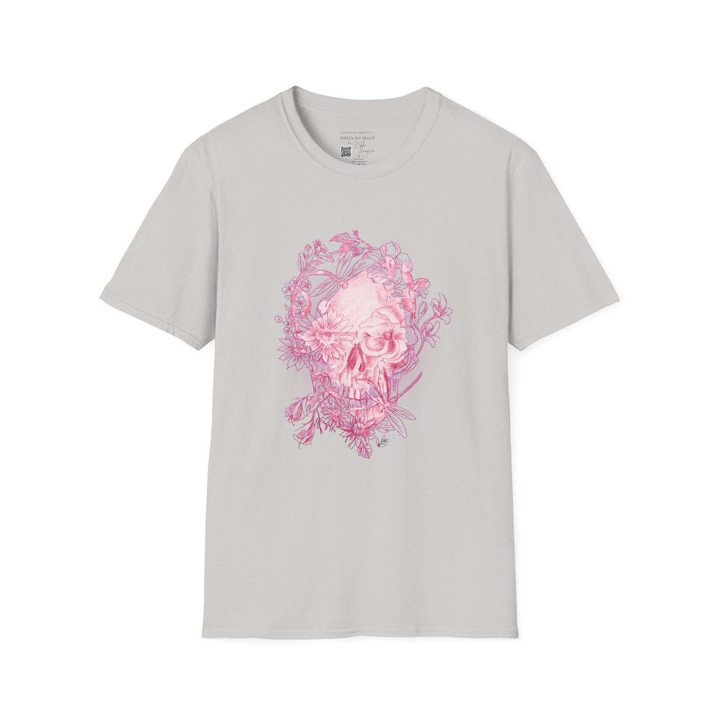 Pink Floral Skull by Nikki - Unisex Softstyle T-Shirt