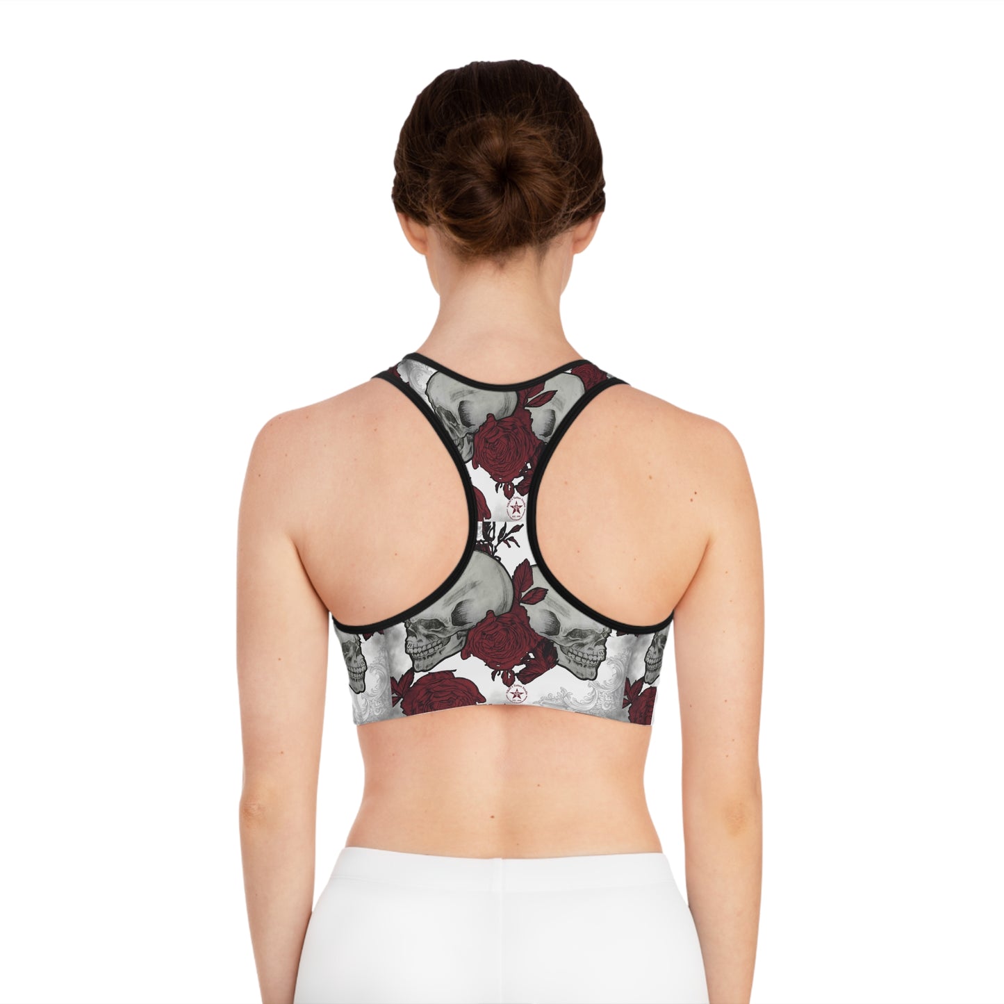 Skulls and Roses Compression Sports Bra, Customizable All-Over-Print, Double-Layer Front, USA-Made. Alternative: Workout Bra, Activewear,