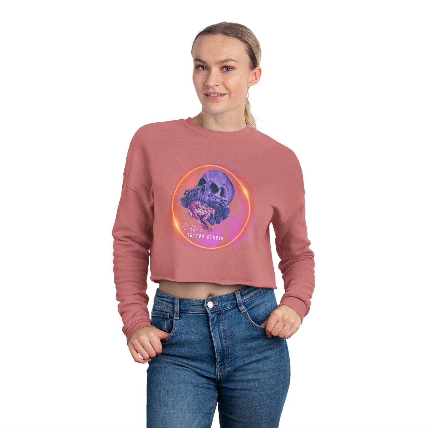 Women's Sweatshirt Cropped - Nikki's Tattoo Studio Snake and Skull