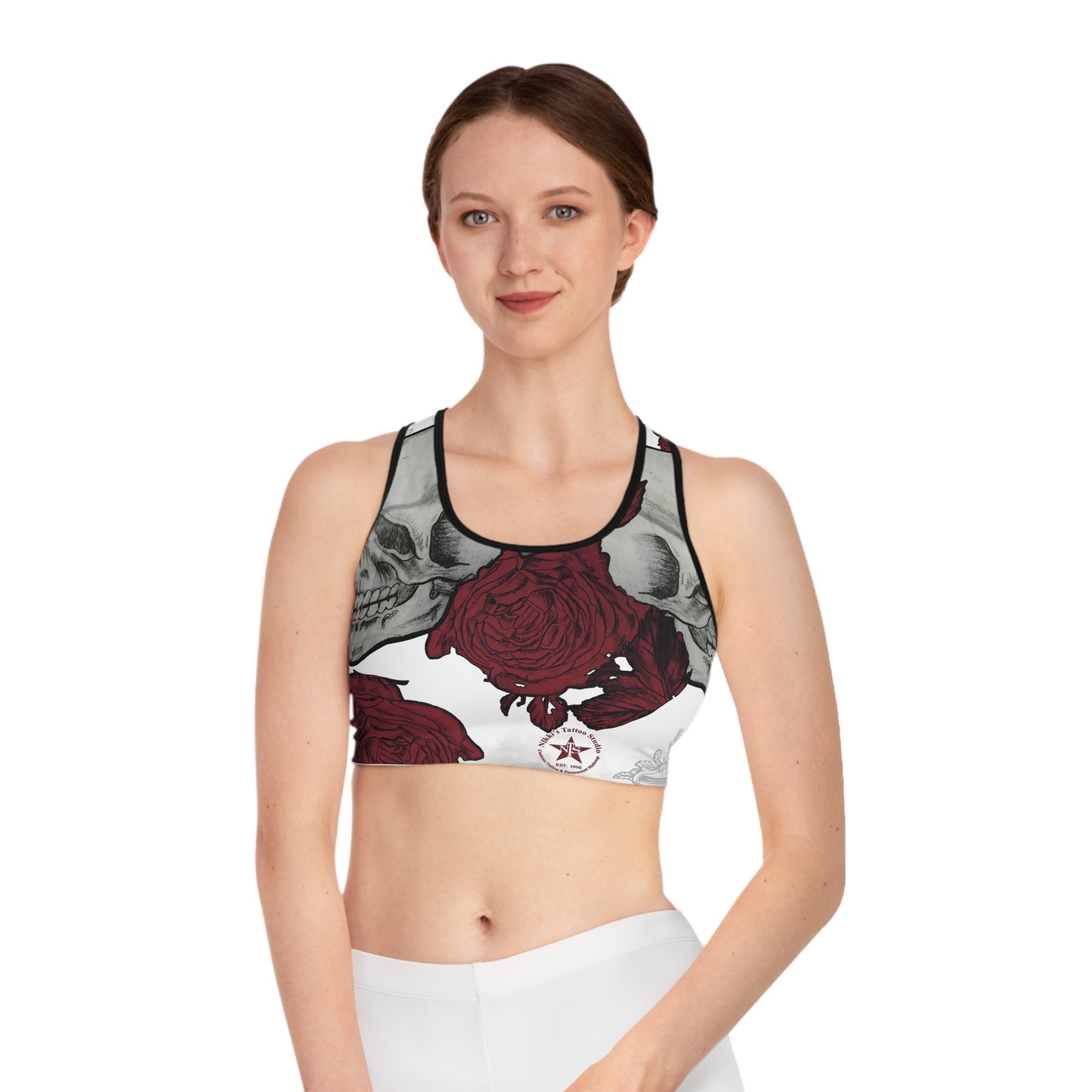 Skulls and Roses Compression Sports Bra, Customizable All-Over-Print, Double-Layer Front, USA-Made. Alternative: Workout Bra, Activewear,