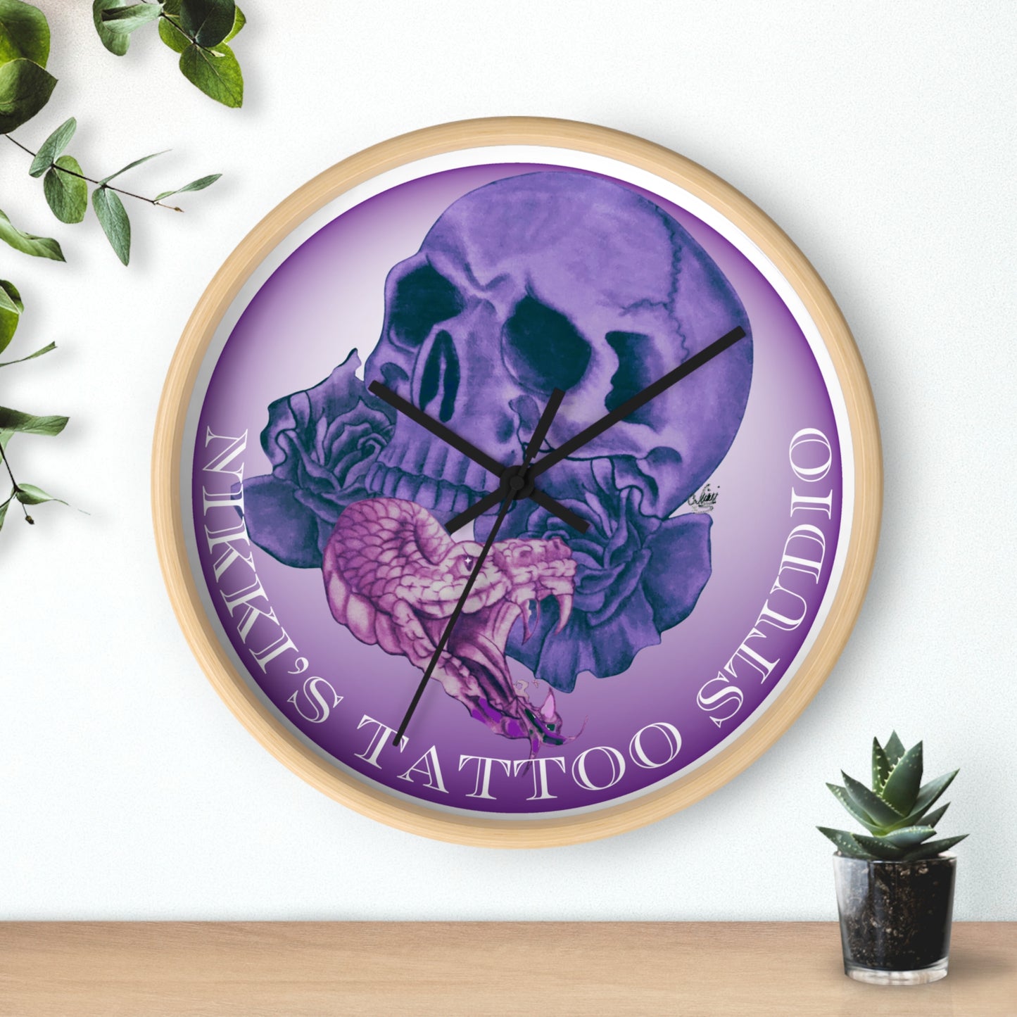 Wall Clock - Nikki's Tattoo Studio Snake and Skull