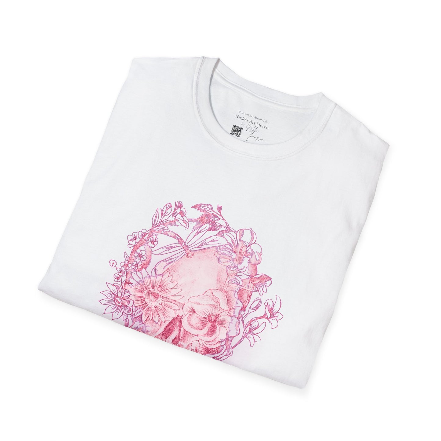 Pink Floral Skull by Nikki - Unisex Softstyle T-Shirt