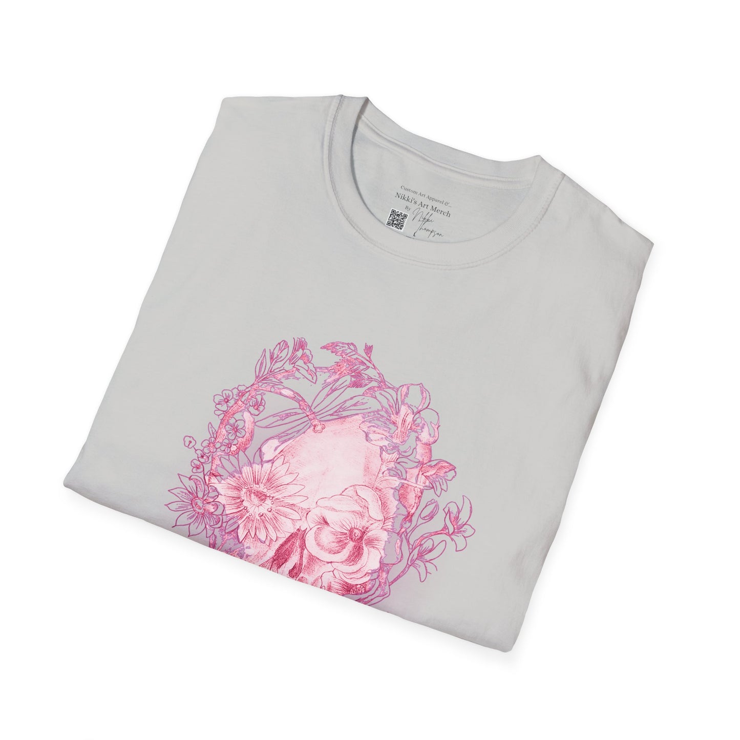Pink Floral Skull by Nikki - Unisex Softstyle T-Shirt